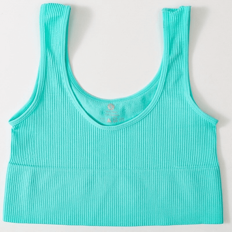 Teal ribbed seamless tank top for women, perfect for sports and yoga, featuring a backless and breathable design for ultimate comfort.